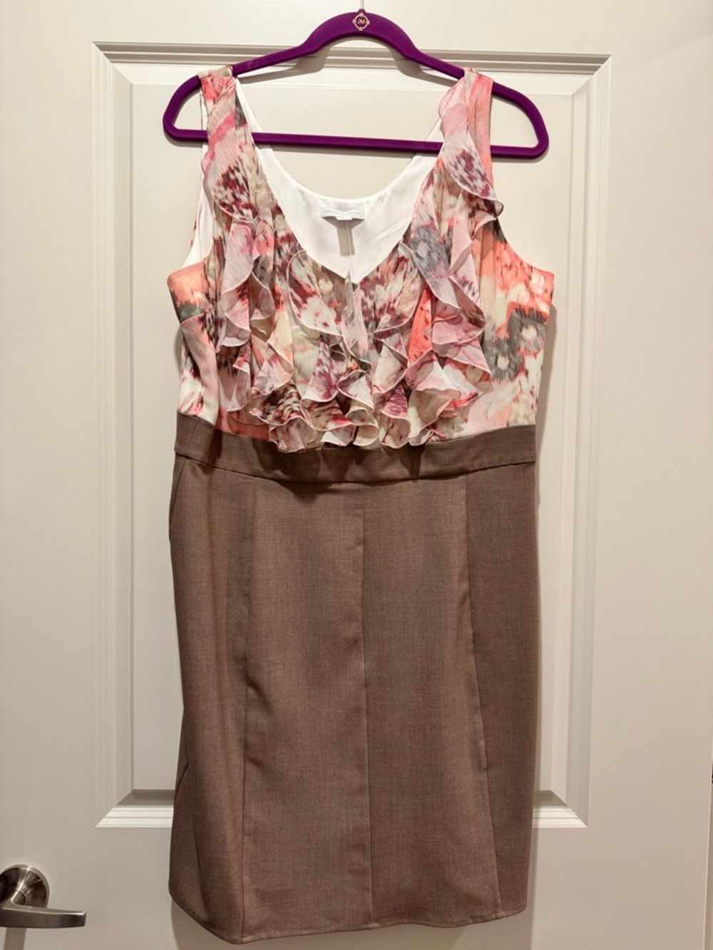 New York & Company Floral Ruffle Bodice Sheath Dress in Pink and Brown